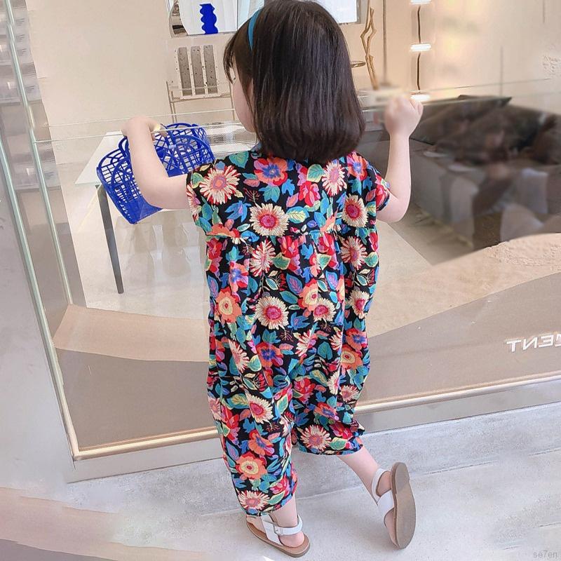 Bộ áo liền quần tay ngắn họa tiết hoa phong cách Hàn Quốc thời trang mùa hè cho bé gái