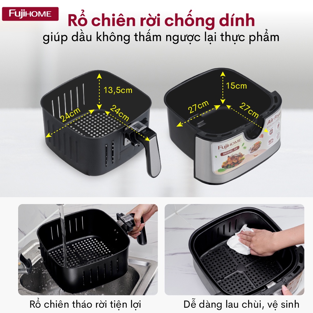 Nồi chiên không dầu 9.2L Nhập Khẩu Nhật Bản Fujihome, Nồi chiên không khí cơ 9 lít không hơi nước tự ngắt,tặng kèm gắp