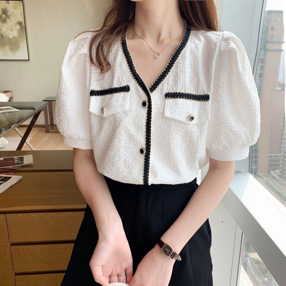 Áo Sơ Mi Voan Mỏng Tay Phồng Ngắn Cổ Chữ V Thời Trang Mùa Hè Kiểu Pháp Thiết Kế Mới Dành Cho Nữ 2023