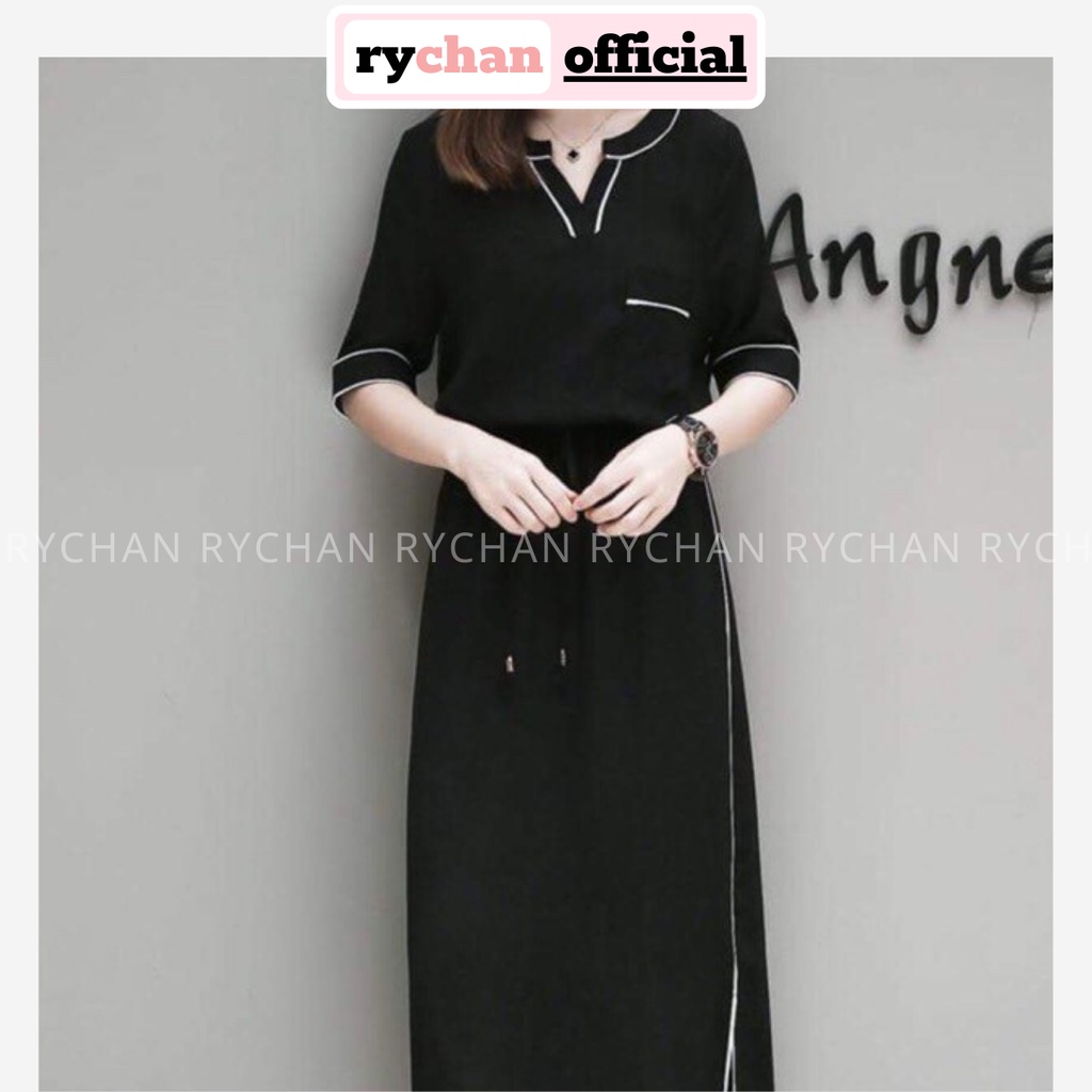 DM688 - Đầm Maxi Lụa Phối Viền Xẻ Tà