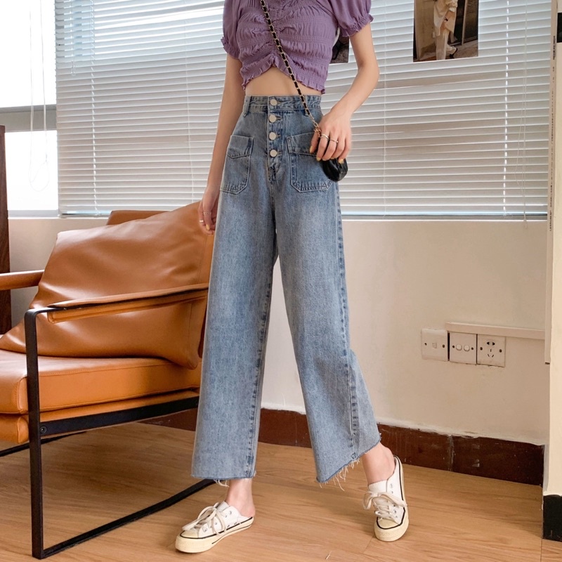 Quần Jean Nữ Màu Xanh Cạp Cao Ống Suông, Quần Bò Ống Đứng Cài Cúc Có Túi Chất Denim Jean Loại 1 Hàng Quảng Châu
