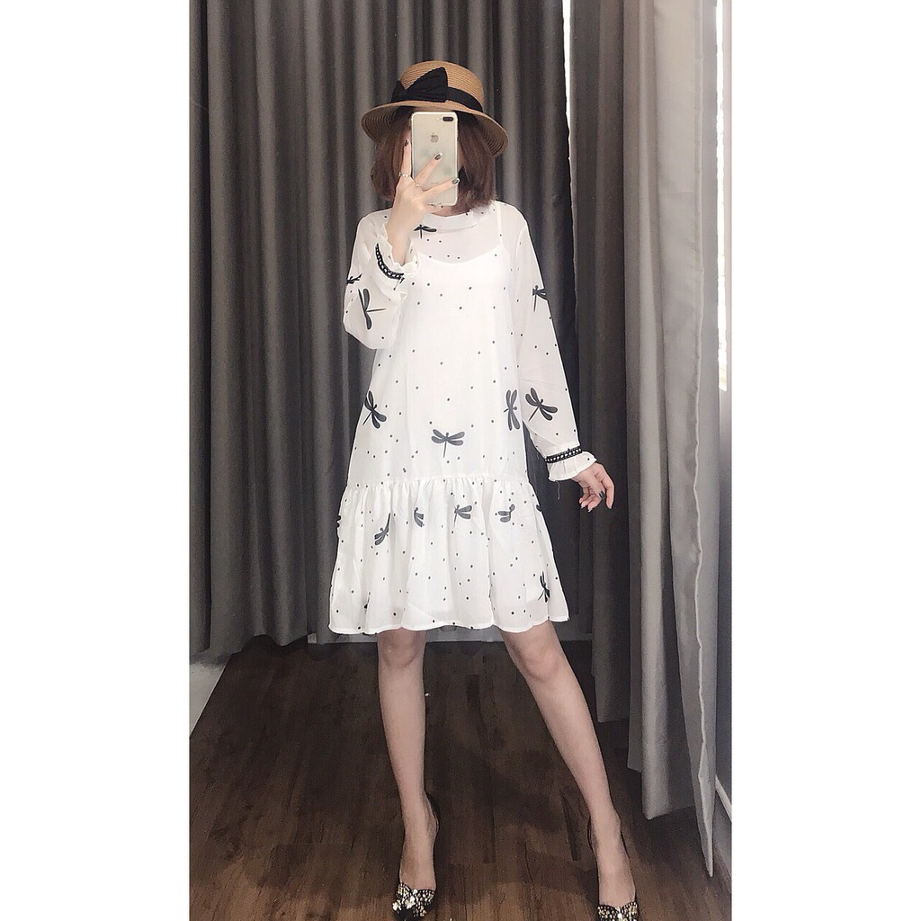 Đầm suông tay dài in chuồn chuồn chấm bi kèm đầm lót