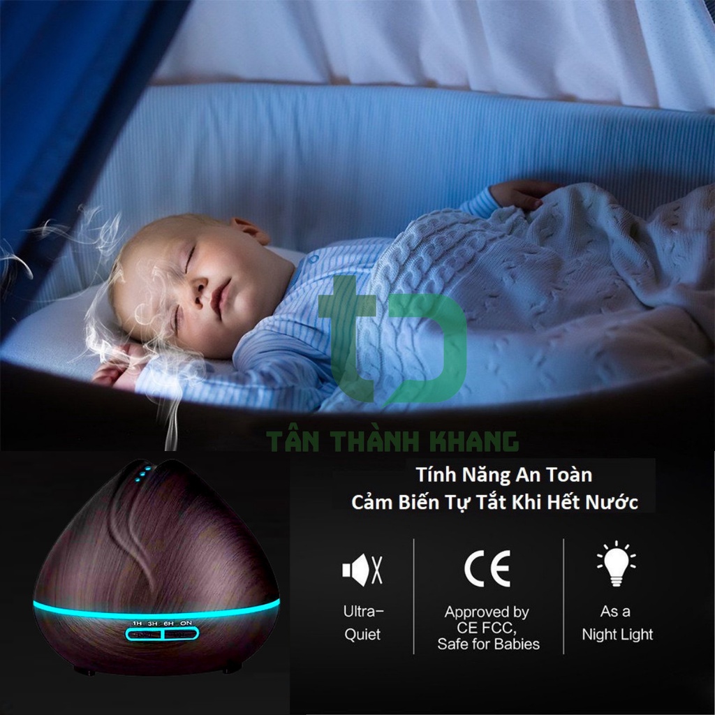 Máy Xông Tinh Dầu, Khuếch Tán, Phun Sương Vân Gỗ Sen Vàng 550ml,đèn Led 7 Màu-30m2 - Tặng Tinh Dầu