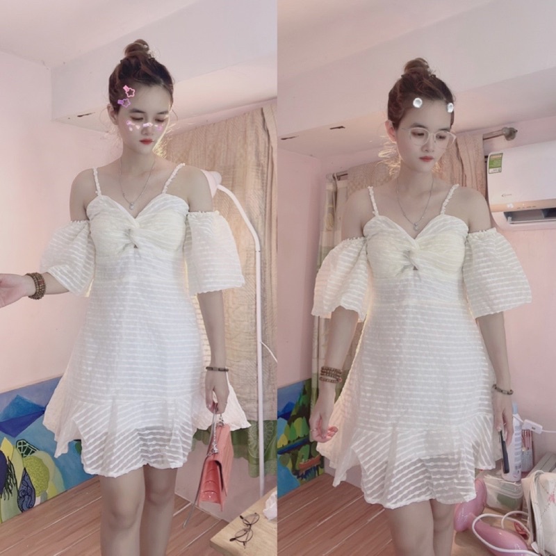 Đầm nude hai dây rớt tay phồng xoắn ngực khoét