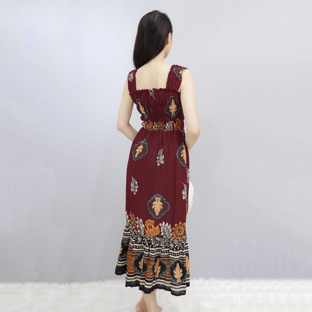 Đầm maxi đi biển 2 dây eo bo thun tole lanh thái dịu mát AMYRA - Váy maxi đi biển dáng dài mặc vào mùa hè cho mẹ Va125