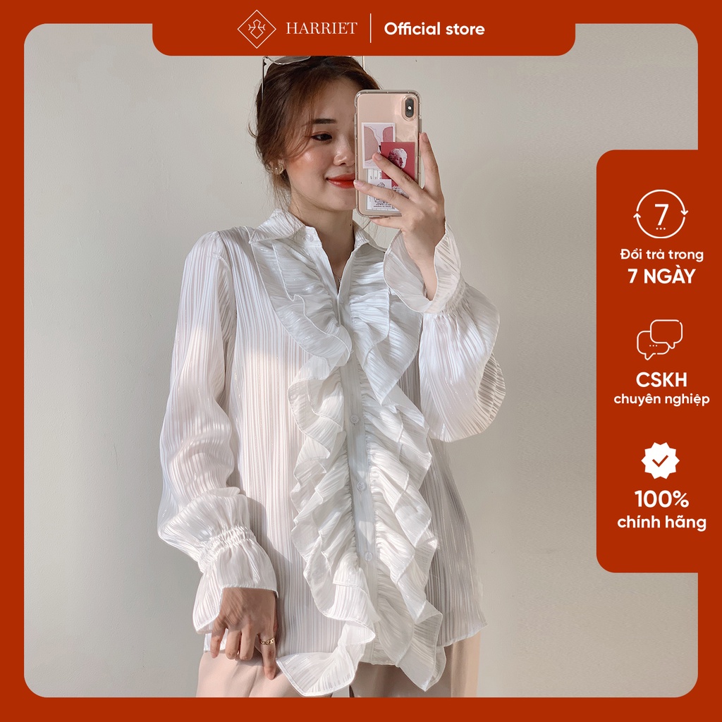 [Mã BMBAU50 giảm 7% đơn 99K] Áo sơ mi nữ công sở thiết kế nhún bèo vải tơ kẻ trắng kim tuyến PearI Harriet