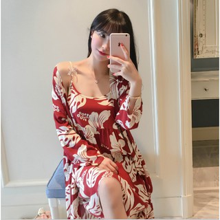 Set váy ngủ 2 chi tiết (váy 2 dây + áo choàng) vải lanh lụa mềm mại và siêu mát