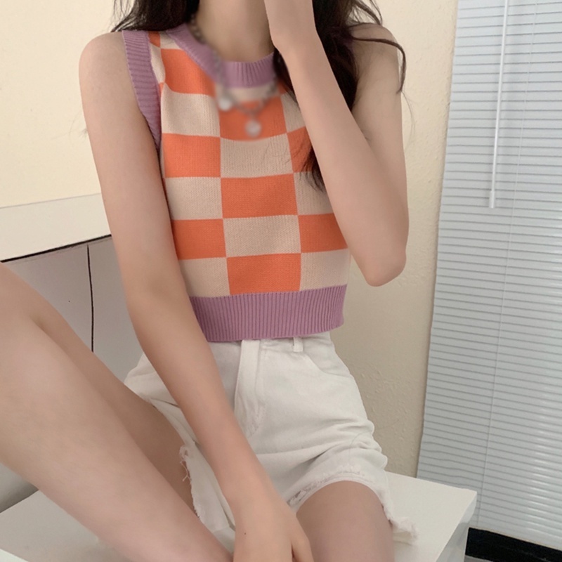 Áo Croptop Dệt Kim Không Tay Dáng Rộng Màu Sắc Thời Trang Cho Nữ