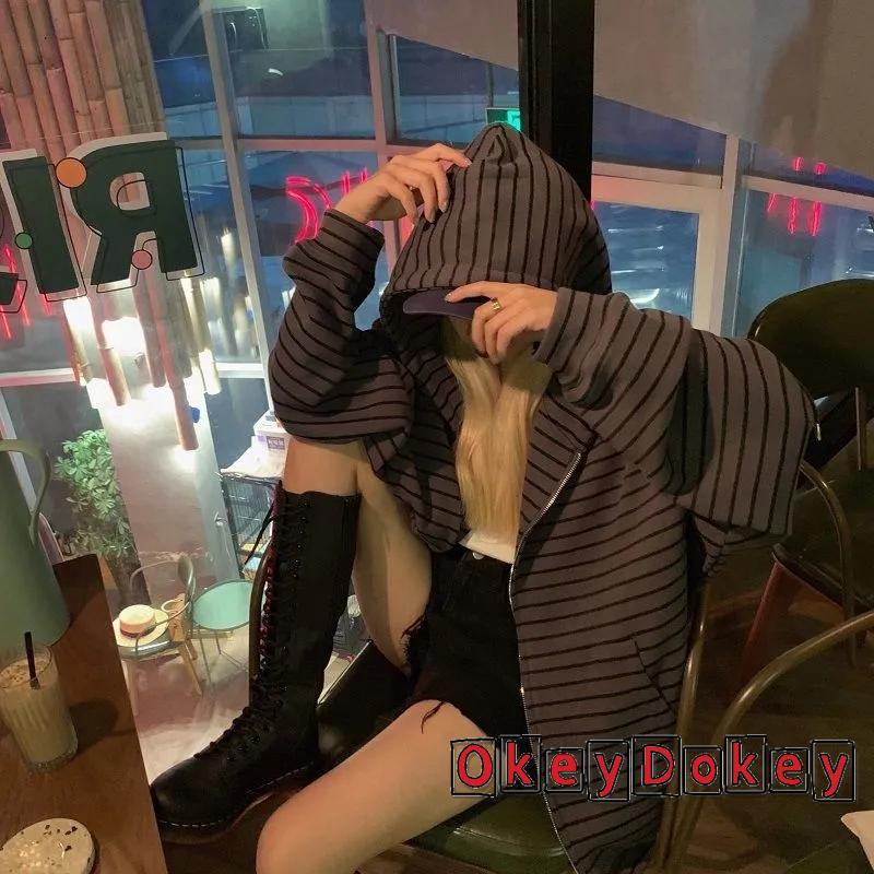 Áo Khoác Hoodie Dài Tay Dáng Rộng In Kẻ Sọc Phối Túi Thời Trang Mùa Thu Hàn Quốc 2022 Cho Nữ