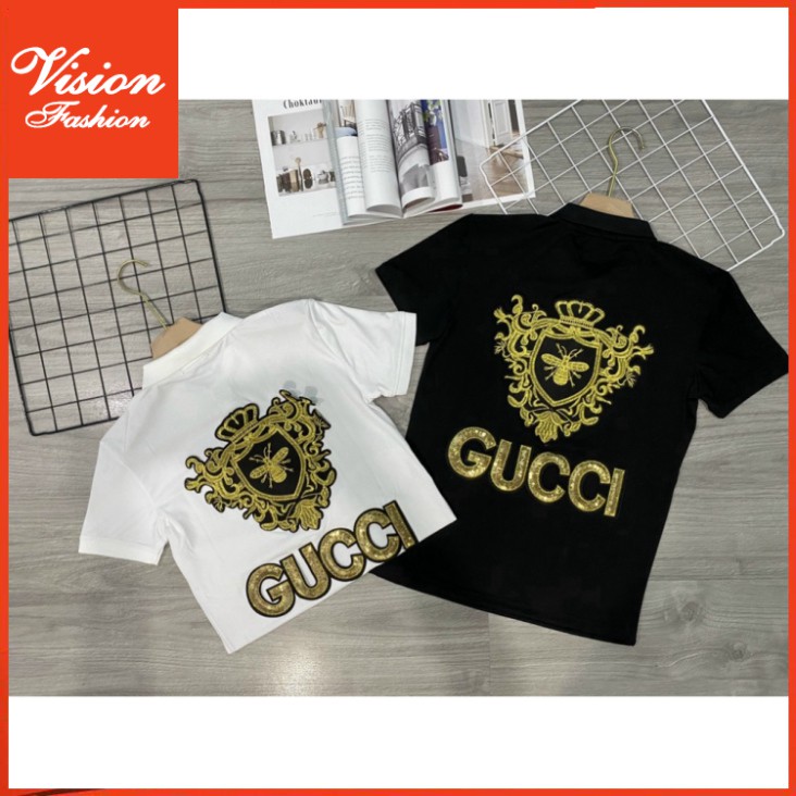 Áo thun nam ngắn tay cổ trụ kim sa hoa tiết GUCCI thêu con ong