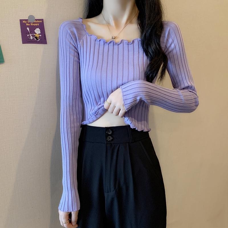 Áo Sweater Dệt Kim Tay Dài Dáng Ngắn Màu Sắc Xinh Xắn Cho Nữ
