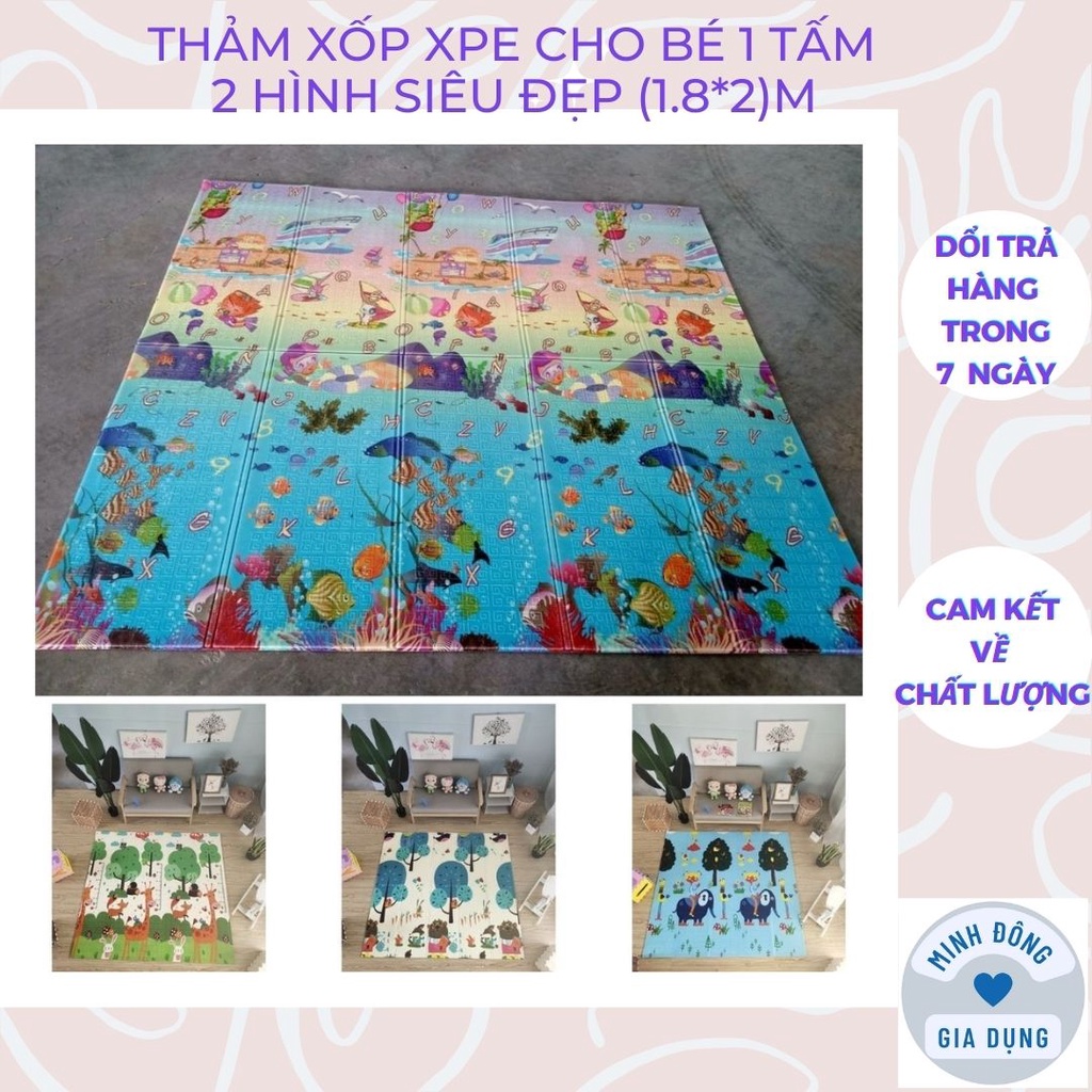 Thảm xốp cho bé lót sàn gấp gọn xpe, Thảm trải sàn cho bé chơi chống thấm chống trơn hàn quốc phủ silicon 1m8 x 2m