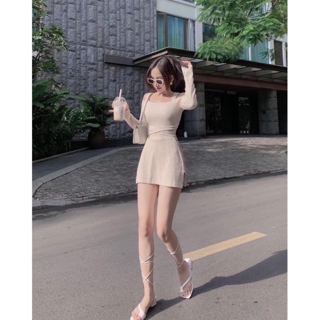 Set Đầm 2 dây body trễ vai đan lưng lạ mắt TIBU, quần giả váy nữ sexy cột nơ dáng ôm phù hợp đi tiệc đi chơi 2022