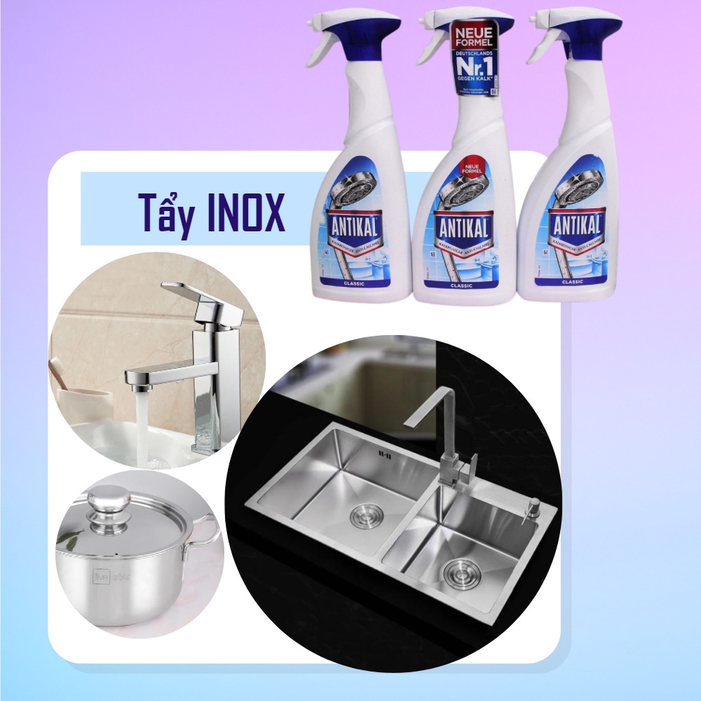 Chai xịt vệ sinh và chống ăn mòn inox Antikal tẩy cặn canxi vòi rửa, voi sen, Chai xịt tẩy cặn canxi Atikal