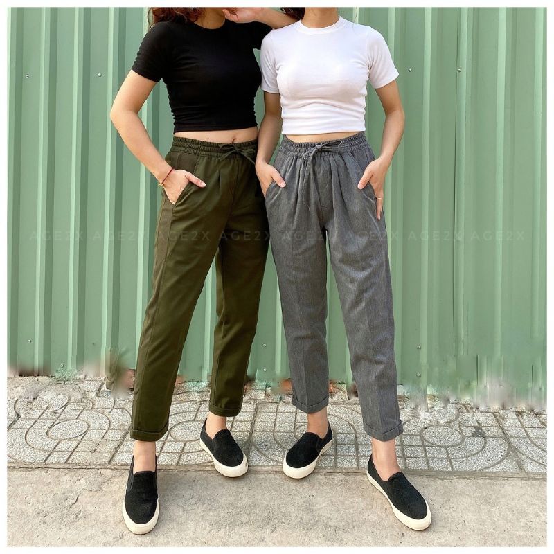 Quần baggy kaki nữ lưng thun màu xanh rêu