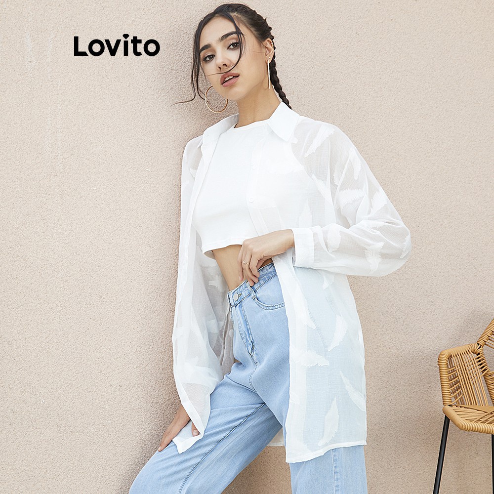 Áo sơ mi Lovito vải voan chống nắng màu trơn L02135 (Màu trắng) | BigBuy360 - bigbuy360.vn