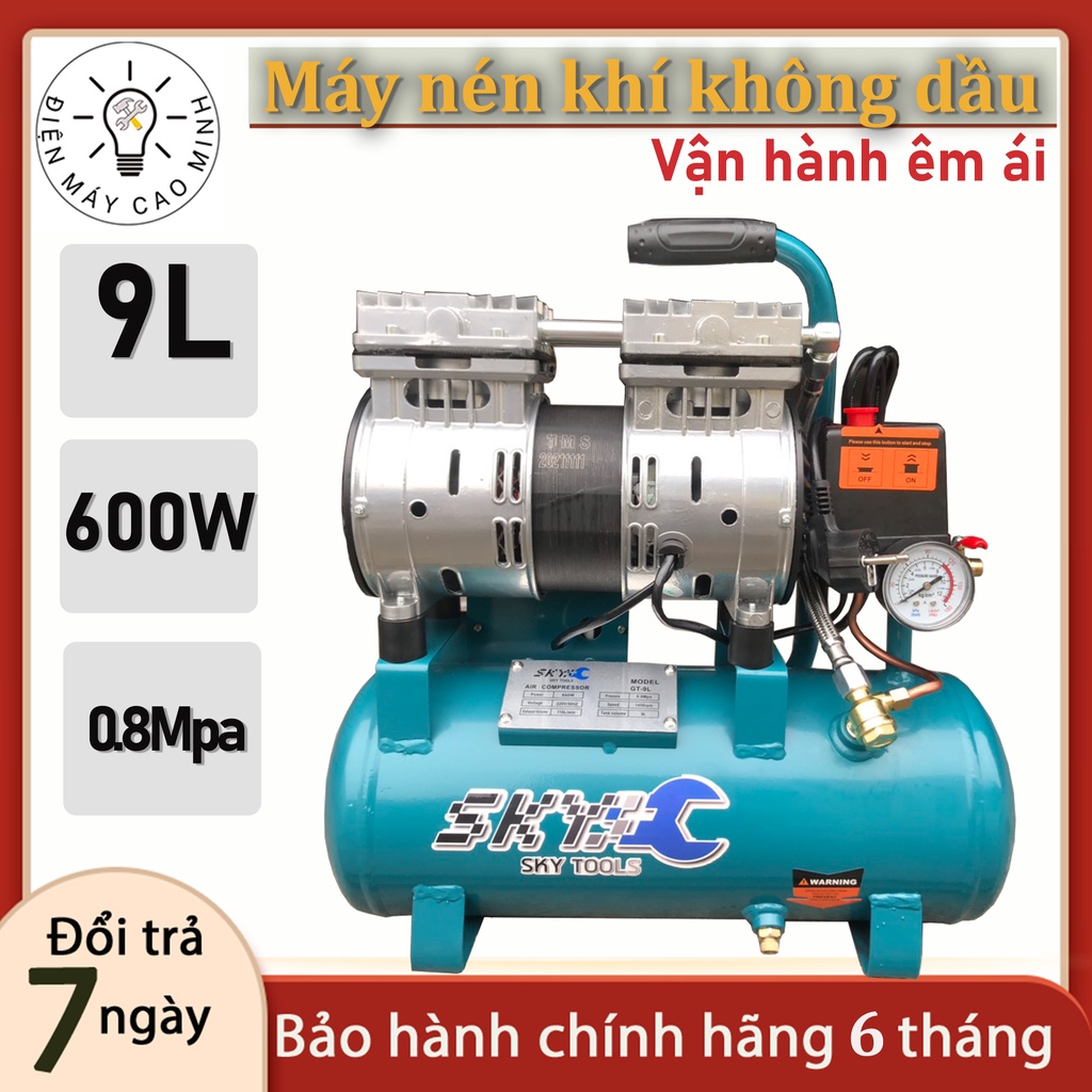 Máy nén khí | Máy bơm hơi | Bình hơi không dầu 9L -600w -nén 8kg - Tự động nạp ngắt khí - Tốc độ nạp khí siêu nhanh