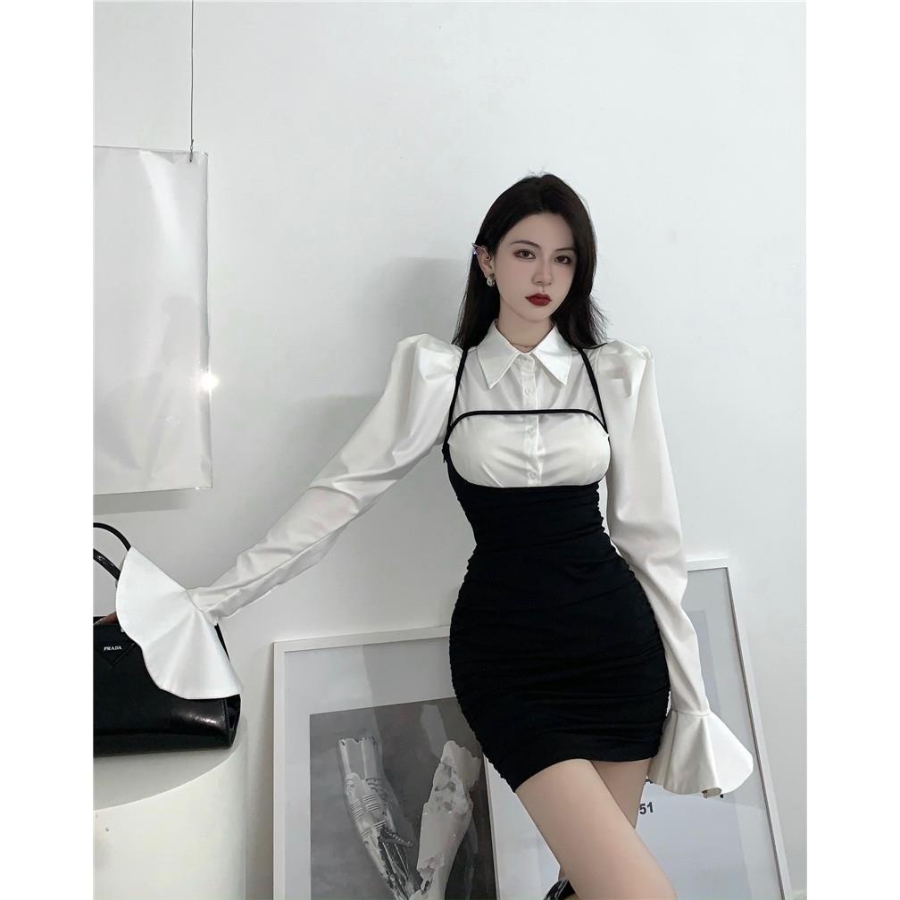 FXDAZI Set áo sơ mi tay loe và đầm thiết kế mới phong cách Hàn Quốc dành cho nữ 2021