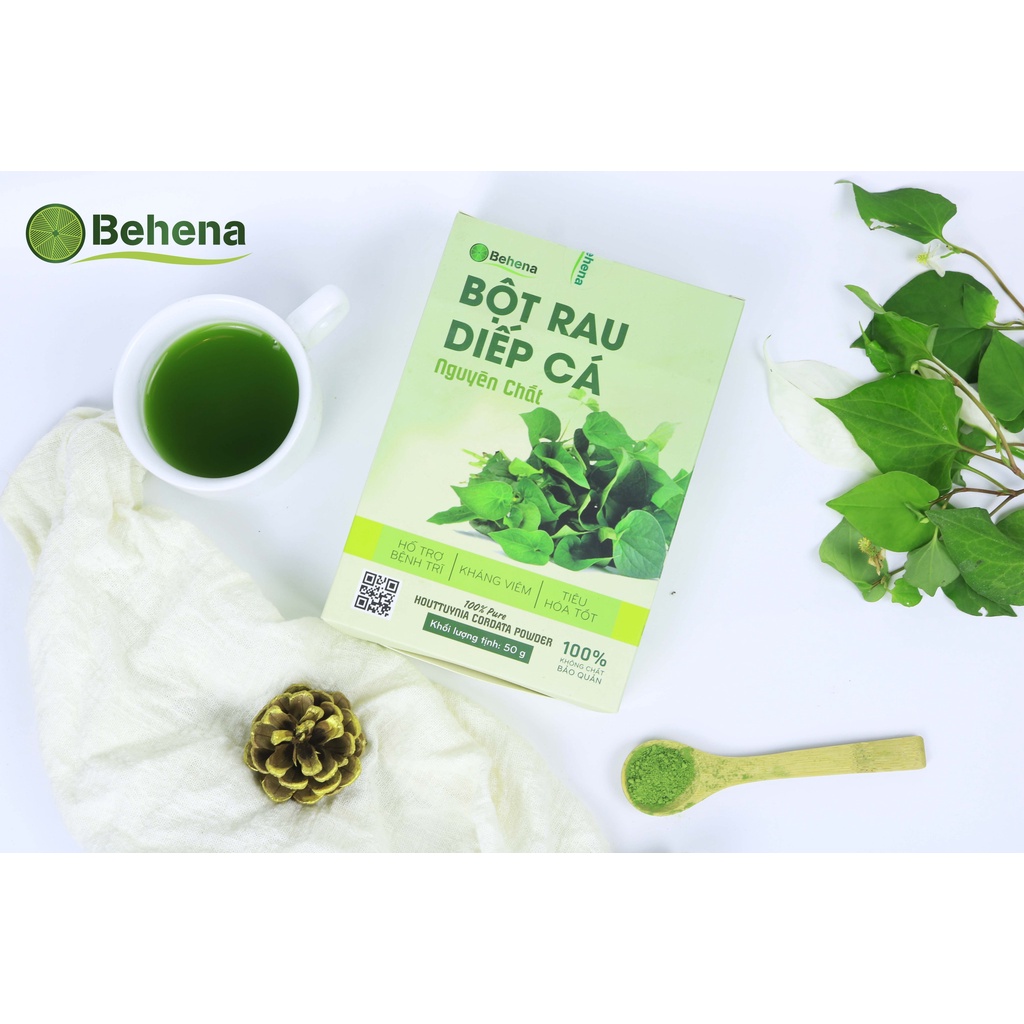 Bột Diếp Cá Nguyên Chất Behena Hộp 50g (20 gói x 2,5g) - Hỗ trợ trĩ, ngừa viêm, mờ thâm, detox cơ thể