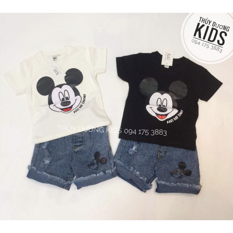 Bộ hè áo Mickey phối quần bò rách gấu cho bé
