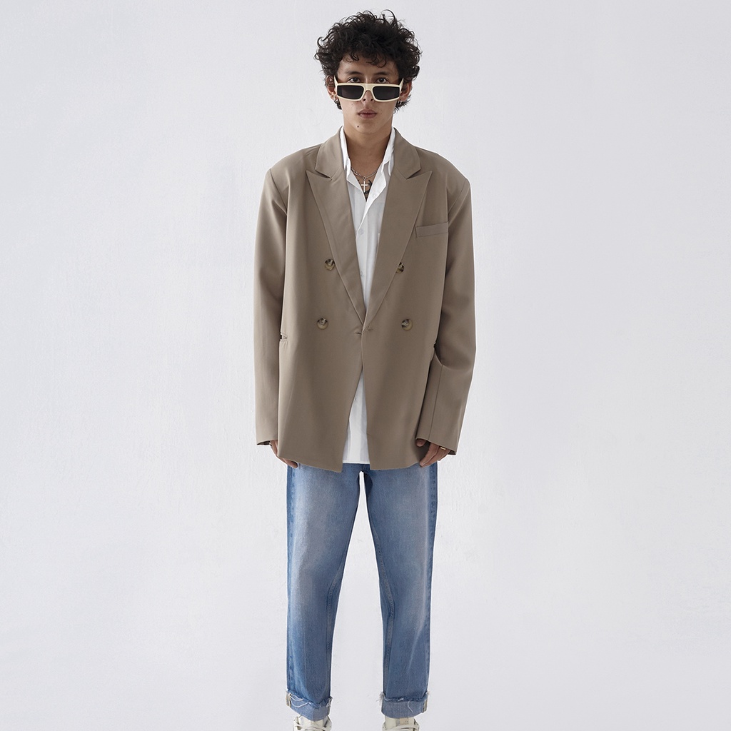 Áo Blazer, Vest Beige 2 hàng nút, vạt đắp chéo, form rộng - Double Breasted Beige Blazer