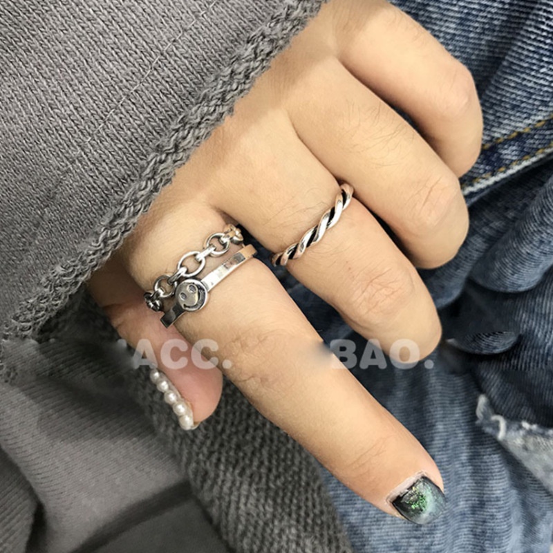 Bộ 2 Nhẫn Hở Hình Mặt Cười Bằng Nhôm Phong Cách Hàn Quốc Cho Nữ