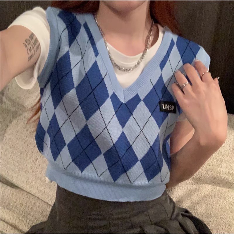 Áo gile len croptop xanh dương