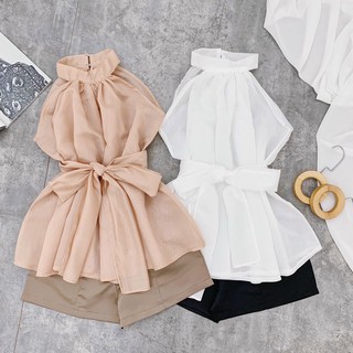 SET ÁO VOAN CỔ YẾM NƠ EO QUẦN SHORT KÈM ẢNH THẬT