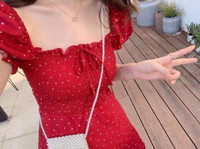 [Mã WASTMAY giảm 15% tối đa 30K đơn 150K] (sẵn S/M) Váy đỏ chấm bi ulzzang / Đầm đỏ cổ vuông tay bồng Quảng Châu | BigBuy360 - bigbuy360.vn