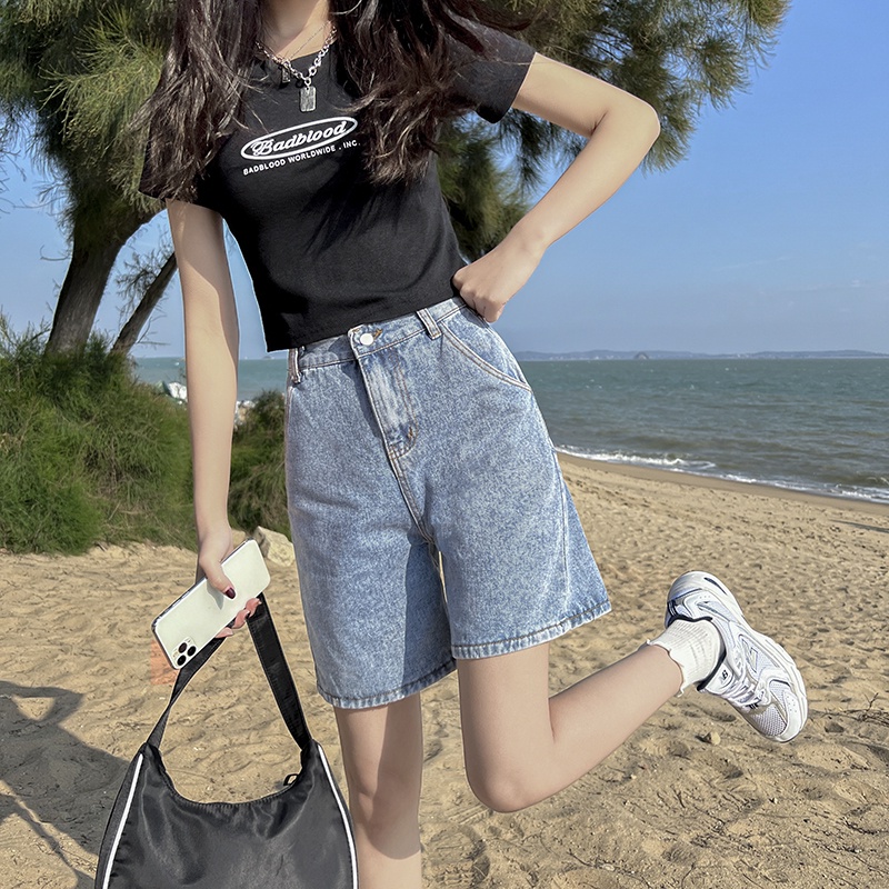 Quần Short Denim Ống Rộng Lưng Cao Thời Trang Mùa Hè Hàn Quốc Dành Cho Nữ