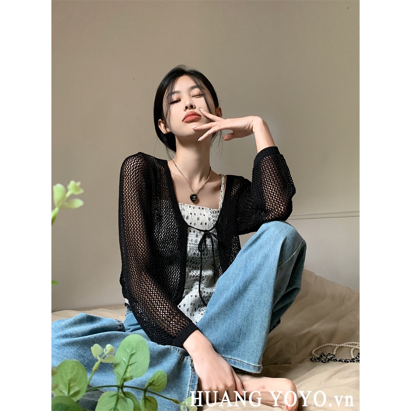 Áo Khoác Cardigan Tay Dài Phối Ren Lưới Thời Trang Hàn Quốc