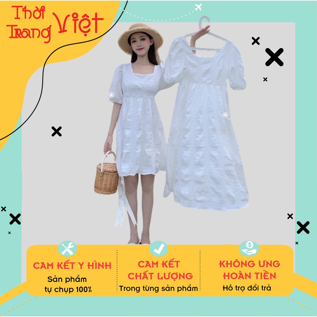 Váy maxi dáng dài tay xốp bồng bềnh, Đầm cổ vuông dáng chữ A thích hợp đi chơi đi biển đi chụp kỉ yếu