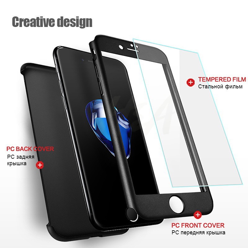 Ốp Điện Thoại PC Cứng Kèm Kính Cường Lực Bảo Vệ 360 Độ Cho iPhone 5 5S SE 6 6s 7 8 Plus X XS XR
