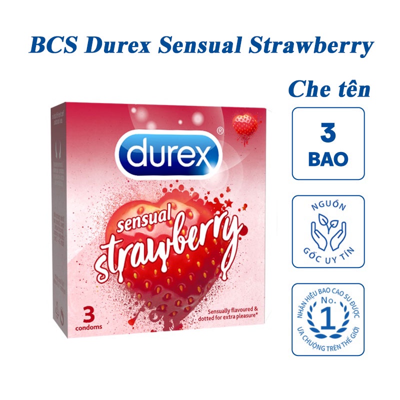 (Hàng Chính Hãng)Hộp 3 Bao Cao Su Gân Gai Durex Sensual Strawberry Hương Dâu Đặc Biệt