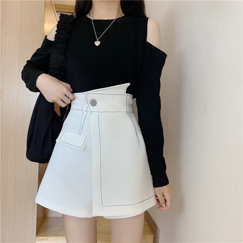 Quần giả váy nữ quần sooc cạp lệch vạt chéo short eo cạp cao trần chỉ nổi banmoon V005 | BigBuy360 - bigbuy360.vn