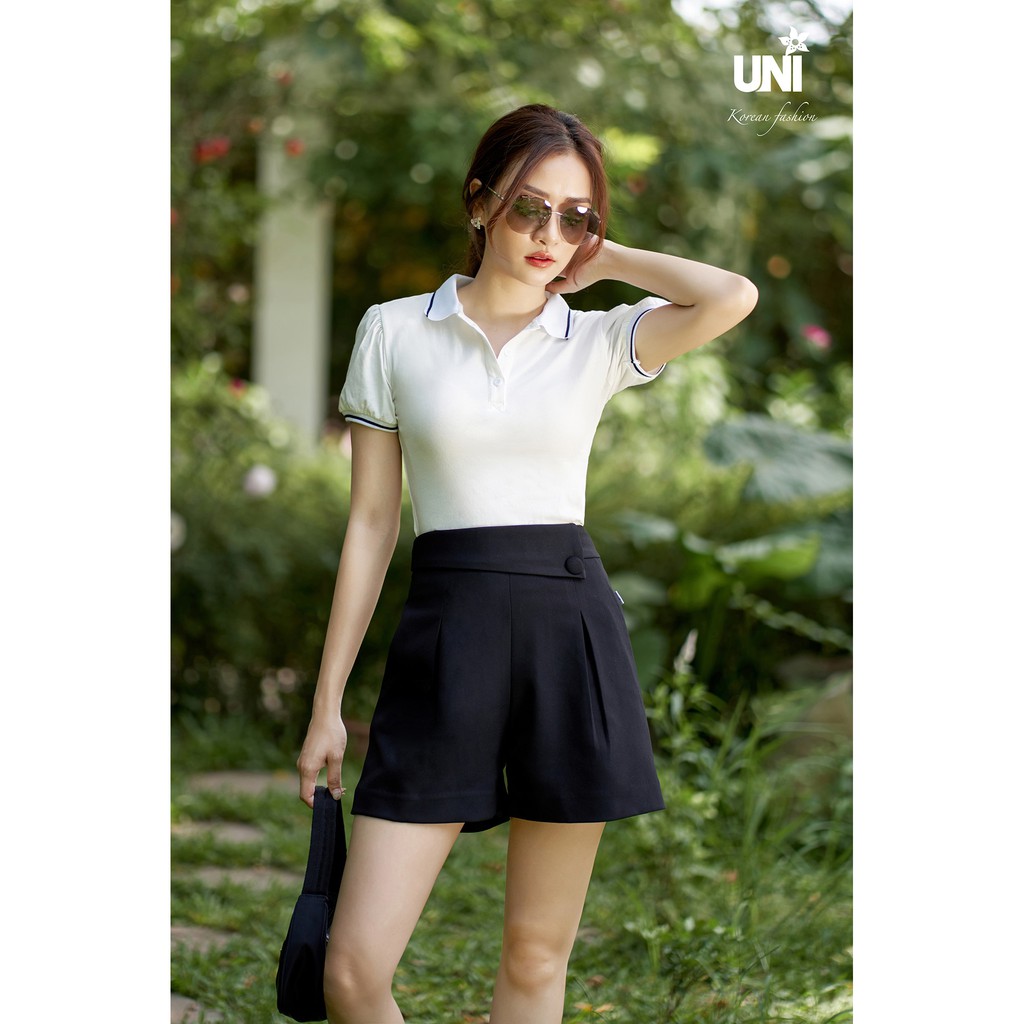 Áo POLO Nữ UNIVTH Tay Bồng Đen Trắng Cao Cấp 6AT255 Uni Korean Fashion