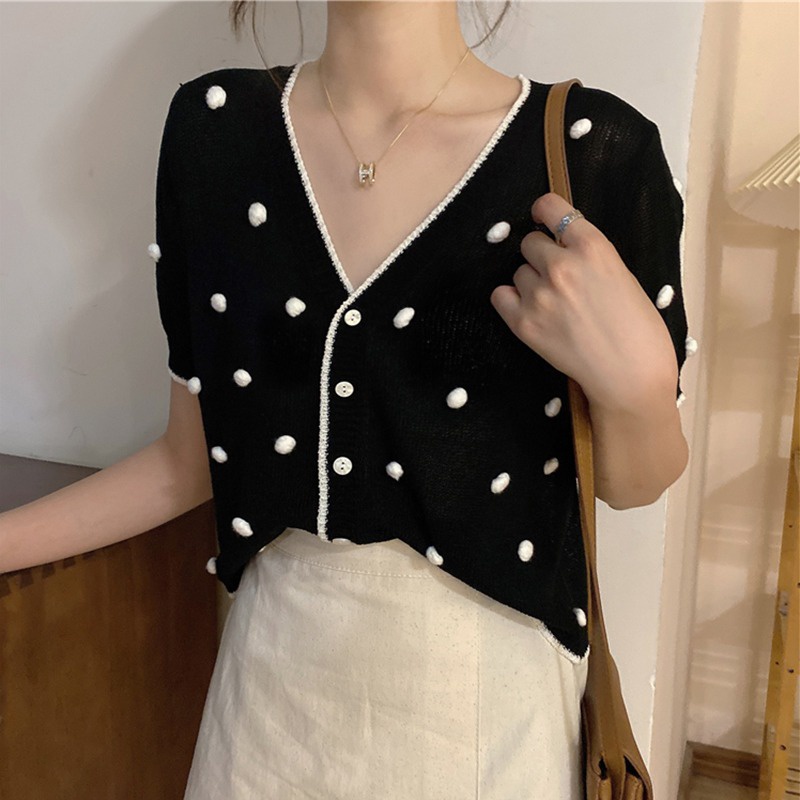 Áo cardigan ZHELIHANGFEI dệt kim tay ngắn cổ chữ V màu đen họa tiết chấm bi xinh xắn thời trang
