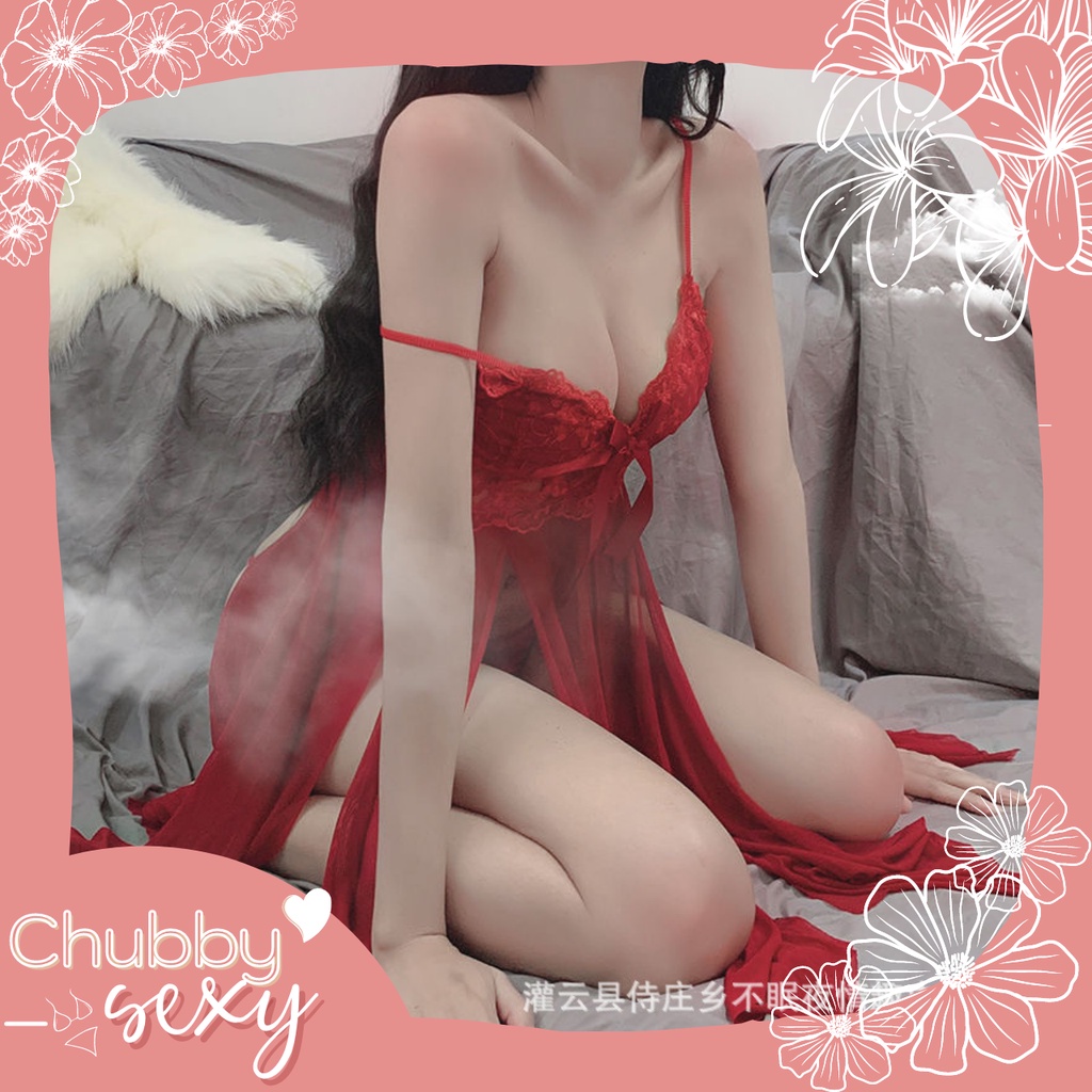 Váy Ngủ Hai Dây Xẻ Tà Sexy - Đầm Ngủ Phong Cách Gợi Cảm Xẻ Eo Thắt Nơ Ngực Họa Tiết Quyến Rũ - VNR08 - Chubby.Sexy