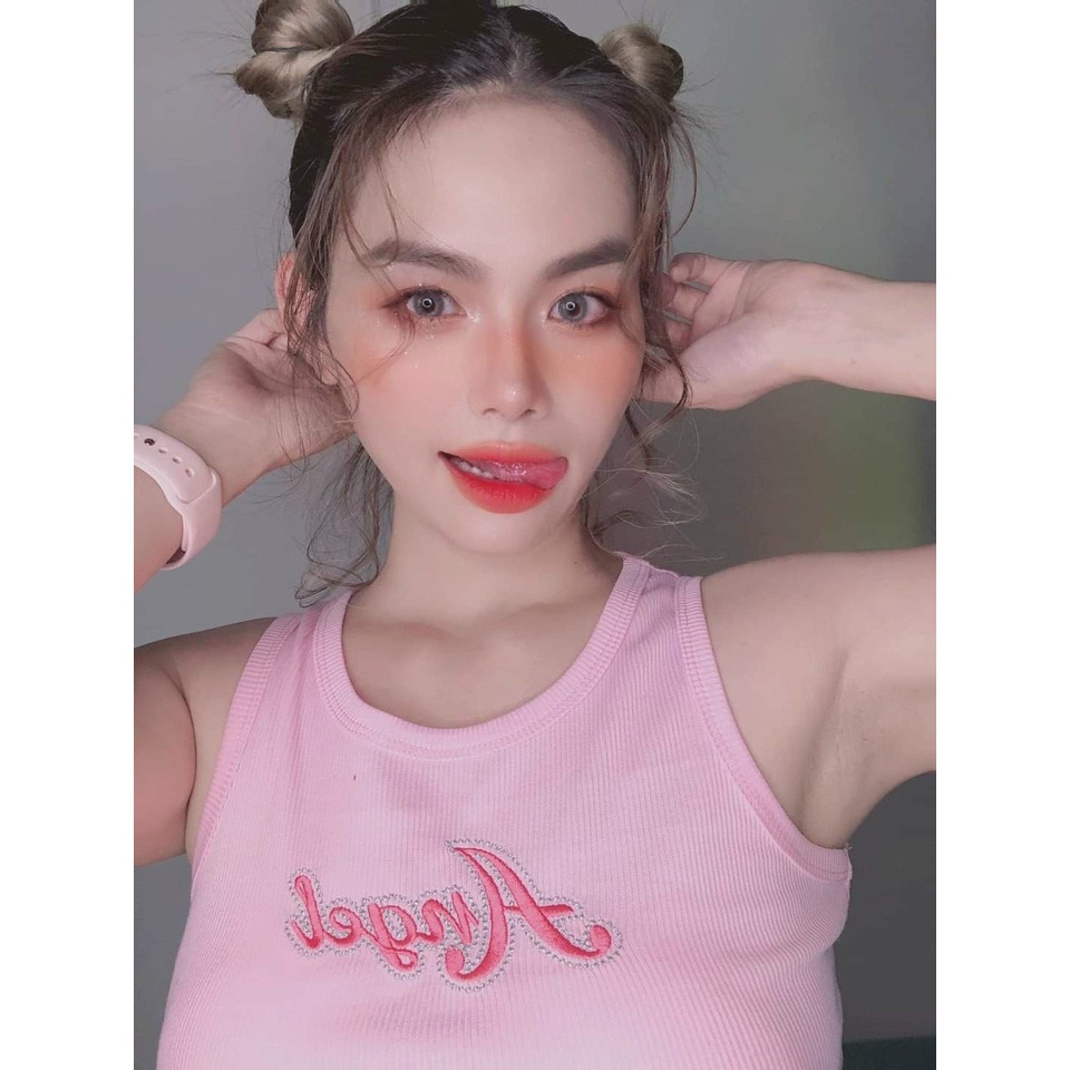 Áo ba lỗ croptop thêu chữ angel xinh xinh , chất thun gân mềm mịn ( ảnh thật )