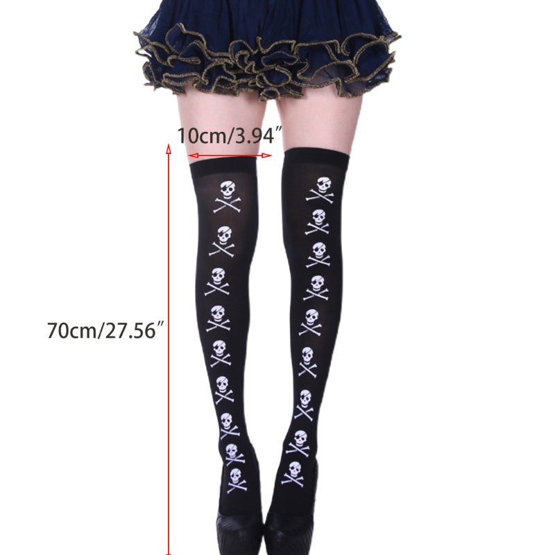 Tất Đen Dài Qua Gối Họa Tiết Bộ Xương Phong Cách Gothic Hóa Trang Halloween Cho Nữ