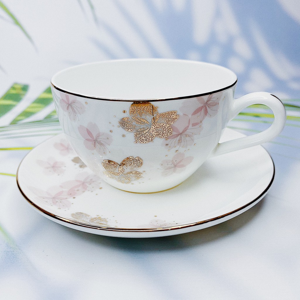 Tách trà sứ xương Bone Porcelain 175ml (set 1 tách 1 đĩa) (Nhiều hoa văn)