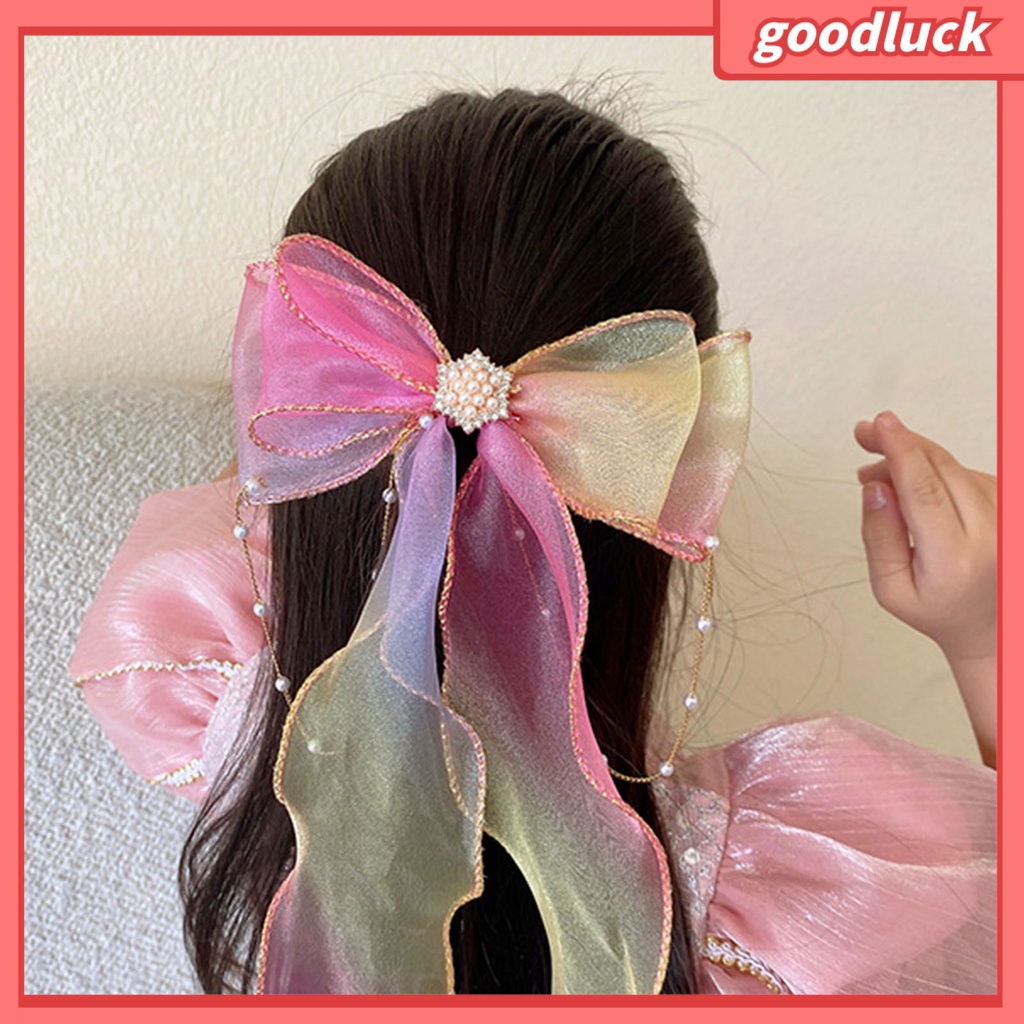 Kẹp Tóc Hình Nơ Đính Ngọc Trai Giả Màu Gradient Thời Trang Halloween