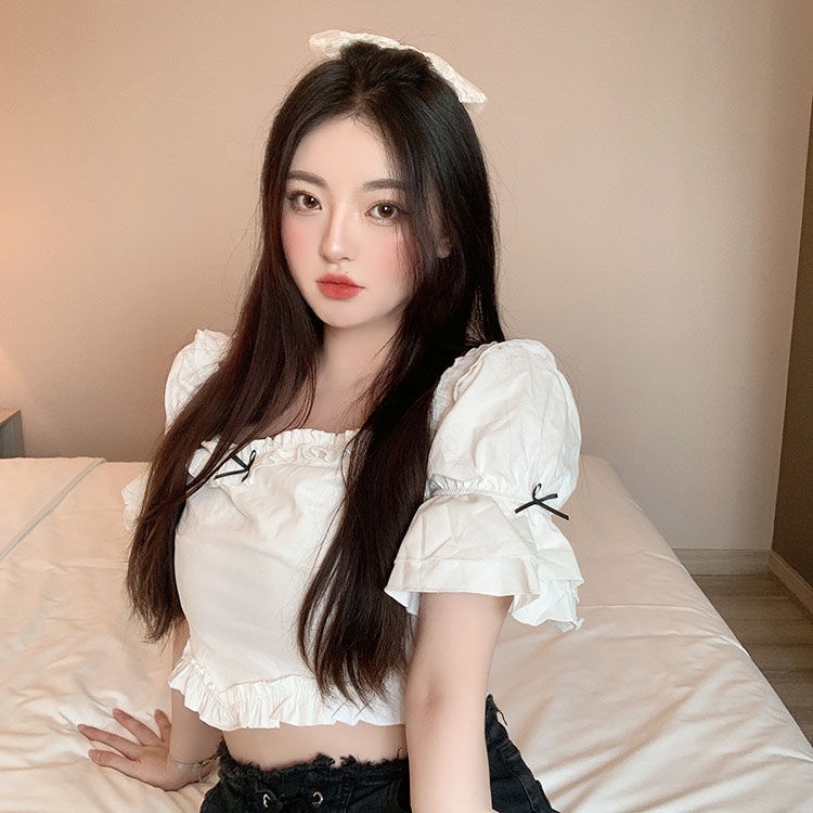 Áo Sơ Mi Tay Ngắn Dáng Ôm Thắt Nơ Phối Ren Kiểu Retro Thời Trang Mùa Hè Mới Cho Nữ