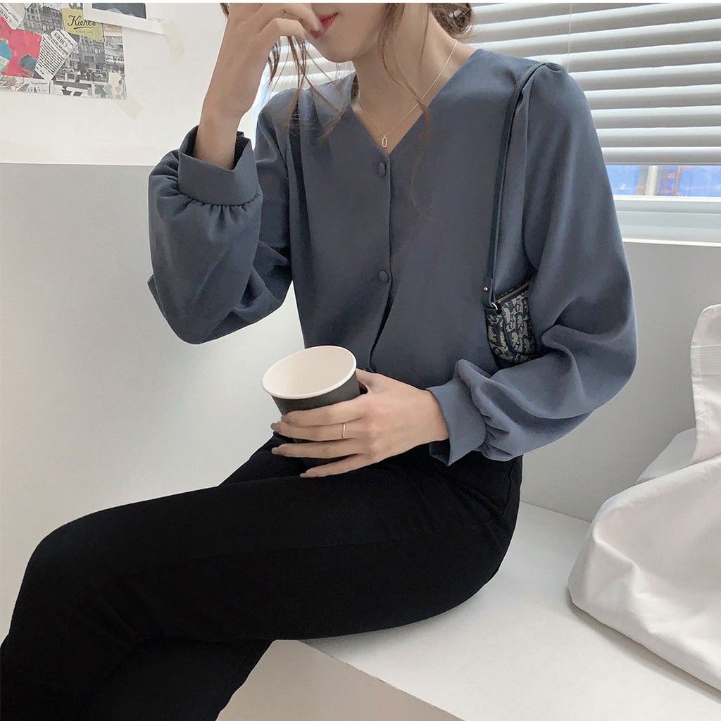 Áo sơ mi tay dài cổ chữ V màu trơn đơn giản dễ phối đồ phiên bản Hàn Quốc cho nữ 38597