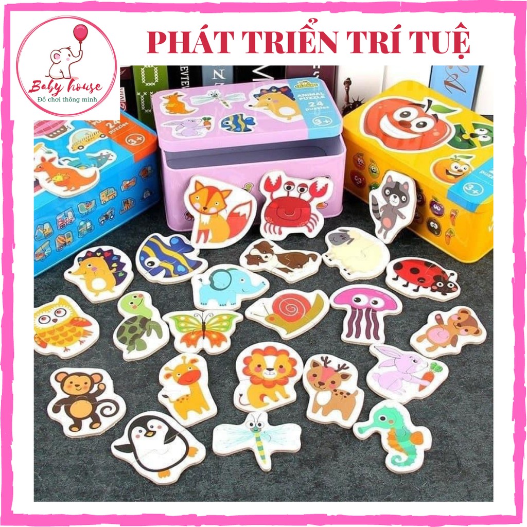 Ghép hình Puzzle 2 mảnh hộp sắt TO ĐẸP 3 chủ đề vô cùng đáng yêu cho bé mới tập ghép - ảnh chụp thật