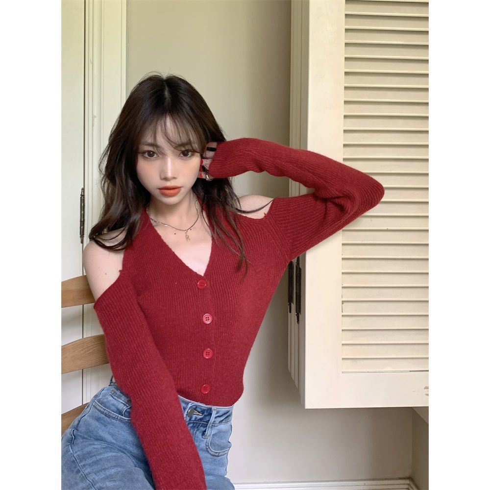 Áo dệt kim tay dài cổ chữ V thiết kế trễ vai quyến rũ COZOK