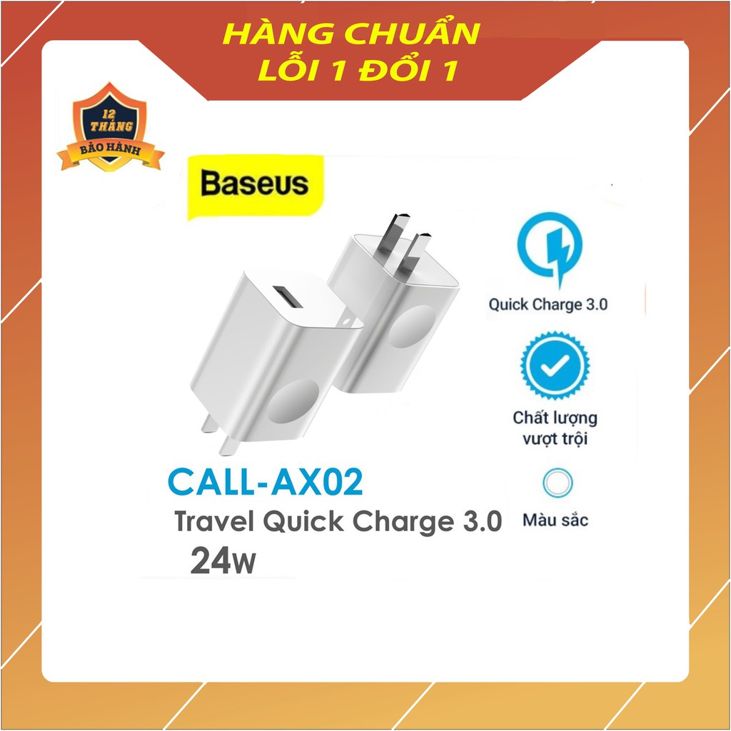 [Chính Hãng] Củ sạc nhanh Baseus Travel Quick Charge 3.0 24W sạc 50% trong 30 phút cho Samsung , Xiaomi, Huawei