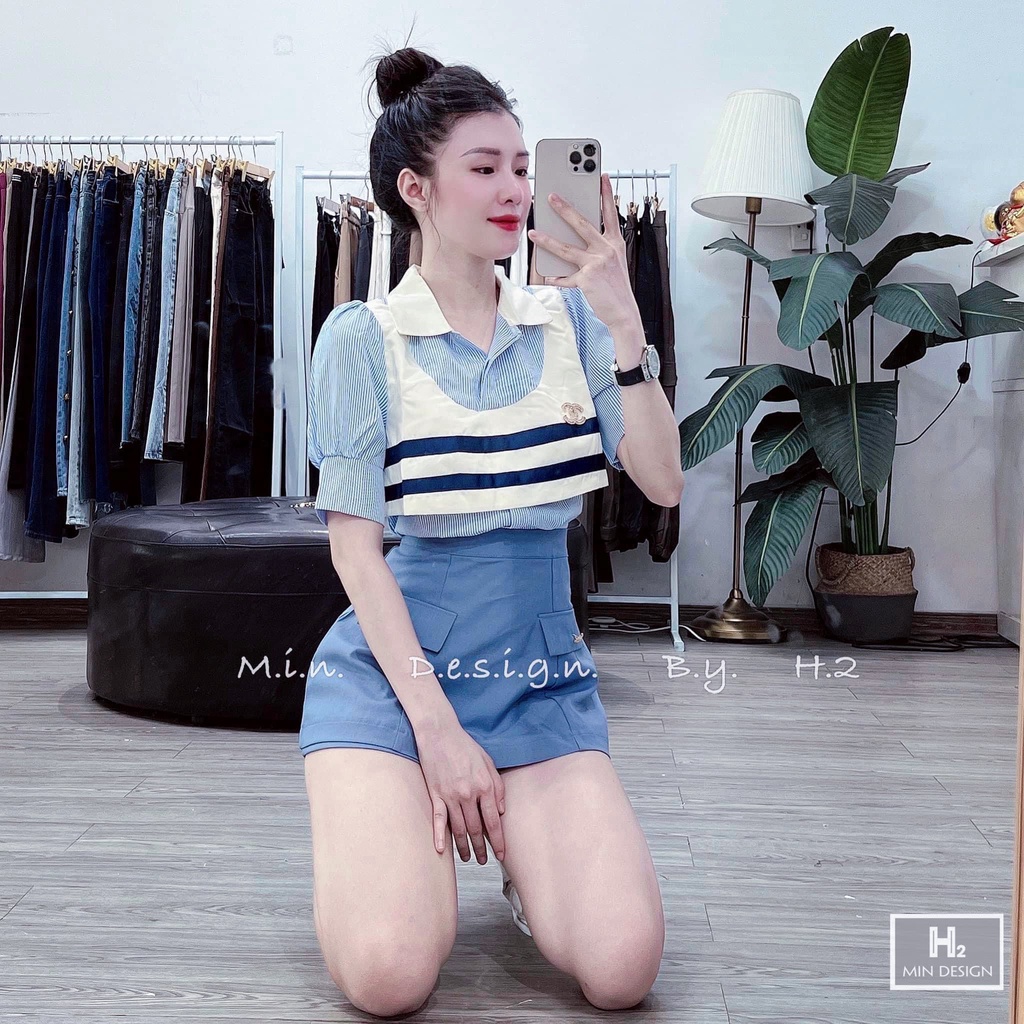 Set váy xanh phối kiểu lạ mắt bé gái