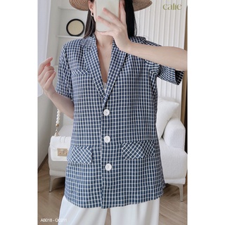 Áo blazer kẻ tay cộc basic cổ V dáng dứng Calie AB018
