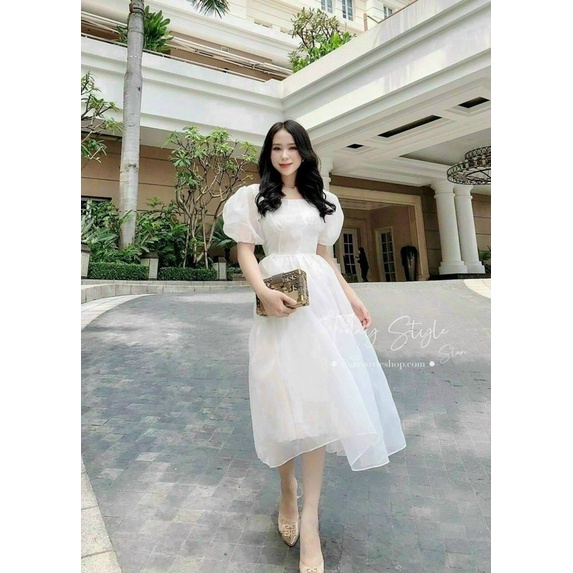 Đầm trắng tơ xoè tay phồng cổ vuông tiểu thư công chúa siêu xinh. Đầm váy dự tiệc sang trọng sinh nhật party hotgirl tk